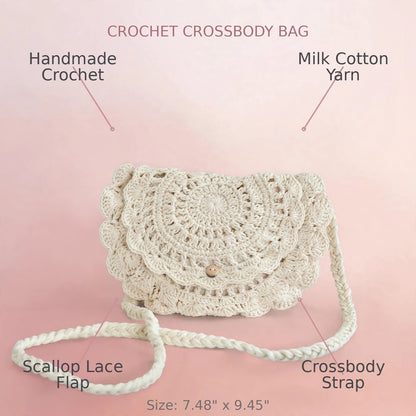 Handmade Crochet Cream Half-Moon Bag with Frill Detail