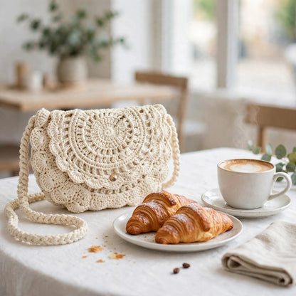 Handmade Crochet Cream Half-Moon Bag with Frill Detail