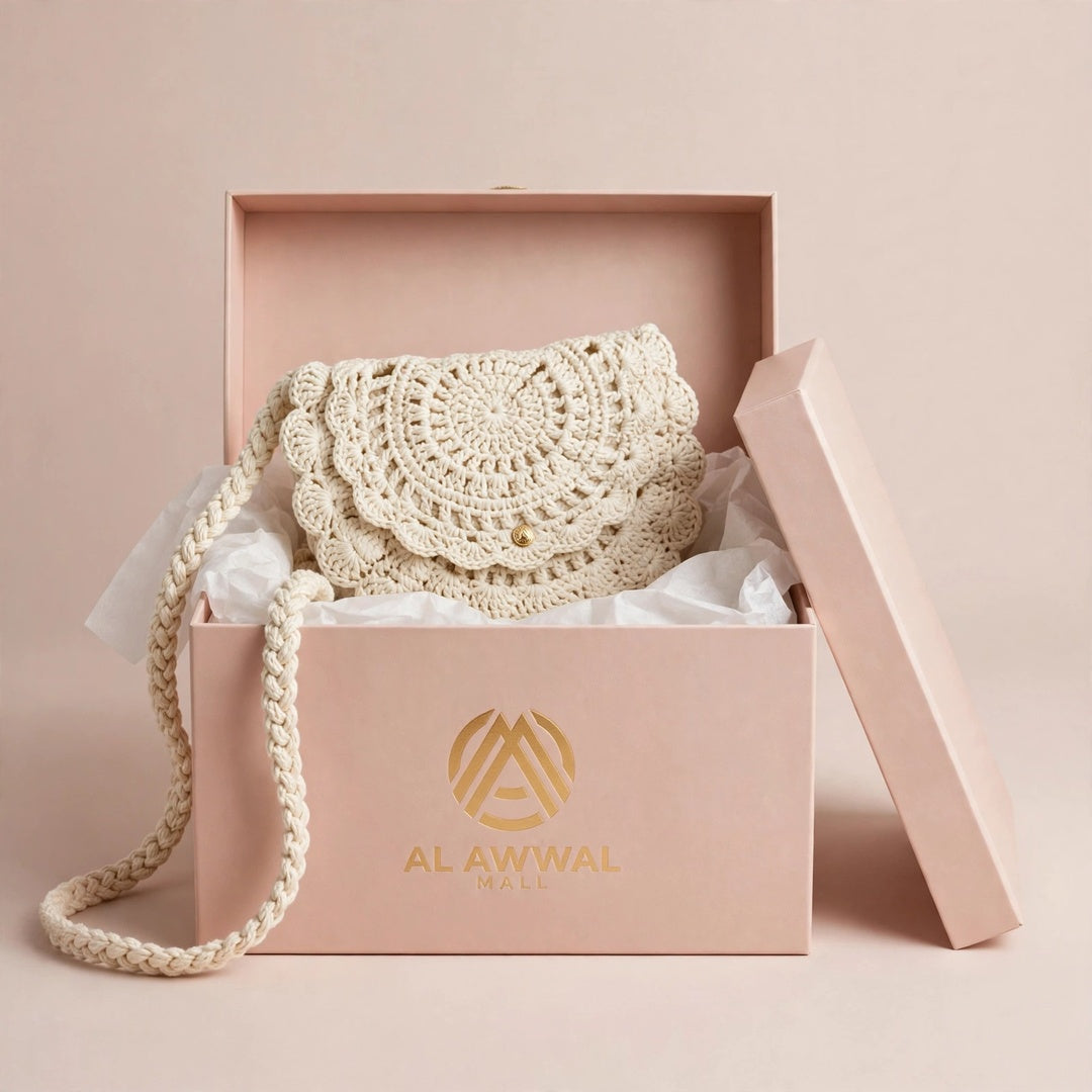Handmade Crochet Cream Half-Moon Bag with Frill Detail
