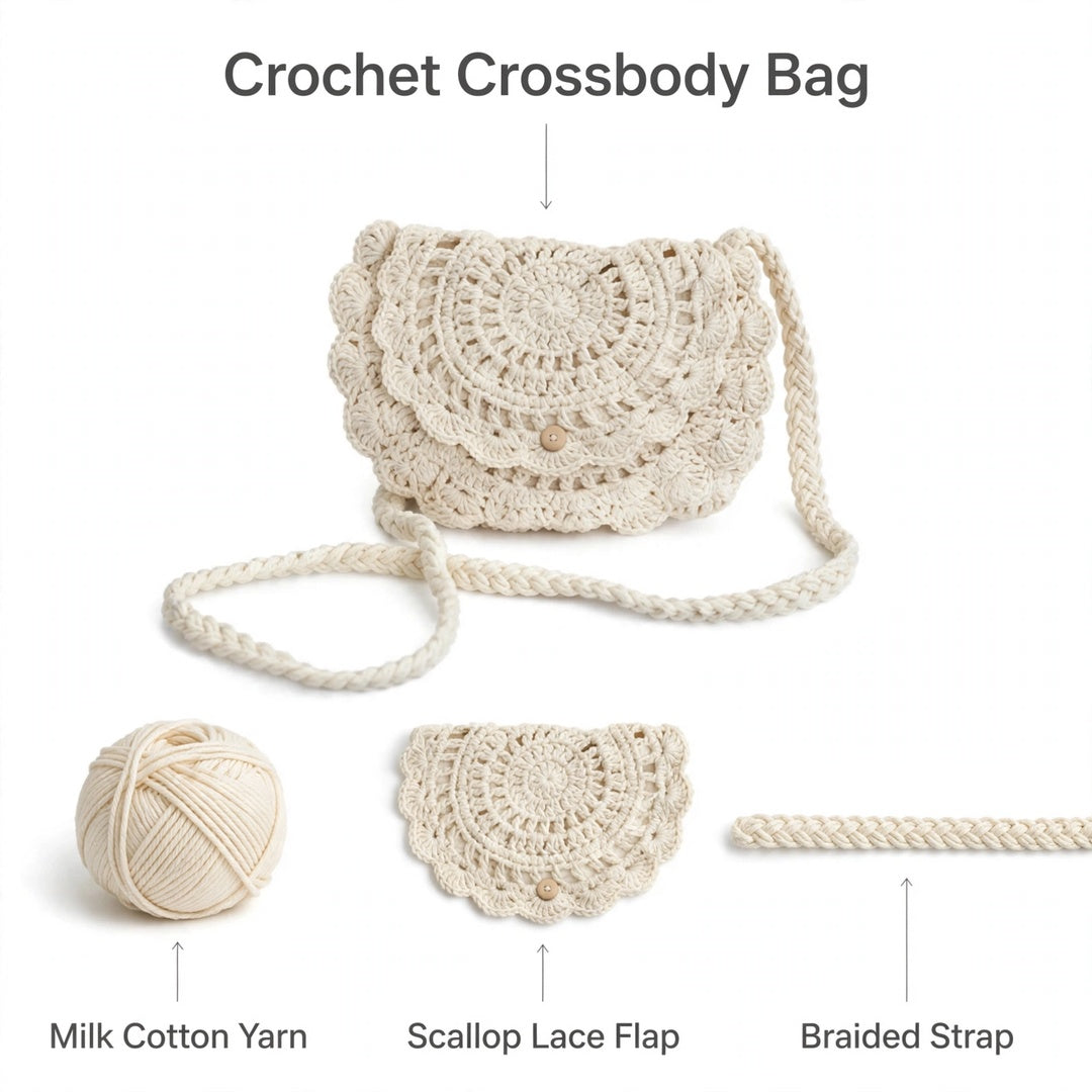 Handmade Crochet Cream Half-Moon Bag with Frill Detail