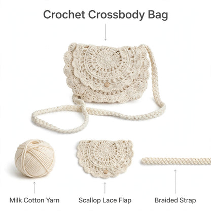 Handmade Crochet Cream Half-Moon Bag with Frill Detail