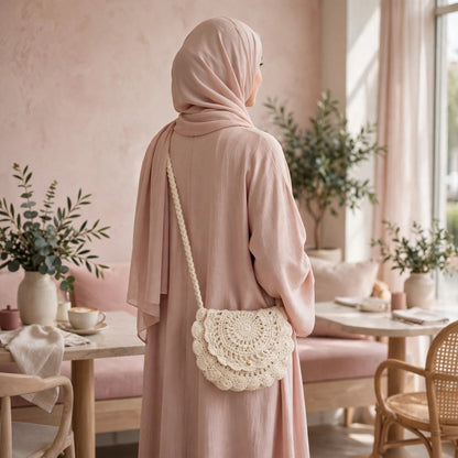 Handmade Crochet Cream Half-Moon Bag with Frill Detail