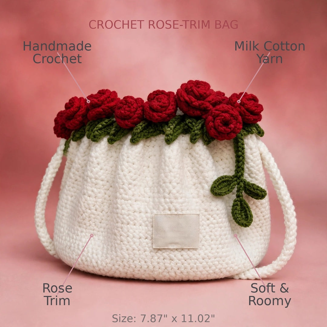 Handmade Crochet White Drawstring Bag with Rose Flowers, Green Leaves & Shoulder Straps