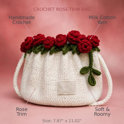 Handmade Crochet White Drawstring Bag with Rose Flowers, Green Leaves & Shoulder Straps