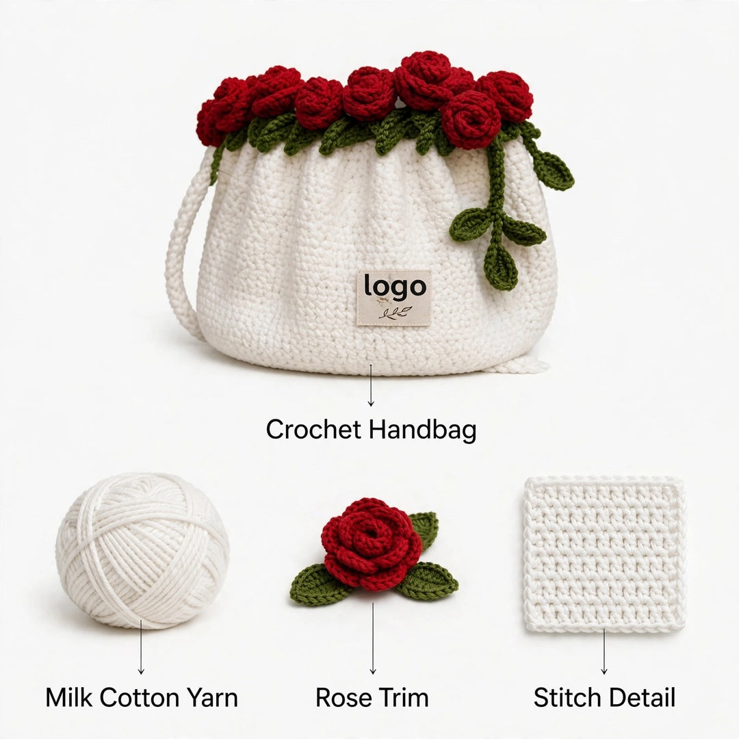 Handmade Crochet White Drawstring Bag with Rose Flowers, Green Leaves & Shoulder Straps