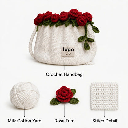 Handmade Crochet White Drawstring Bag with Rose Flowers, Green Leaves & Shoulder Straps