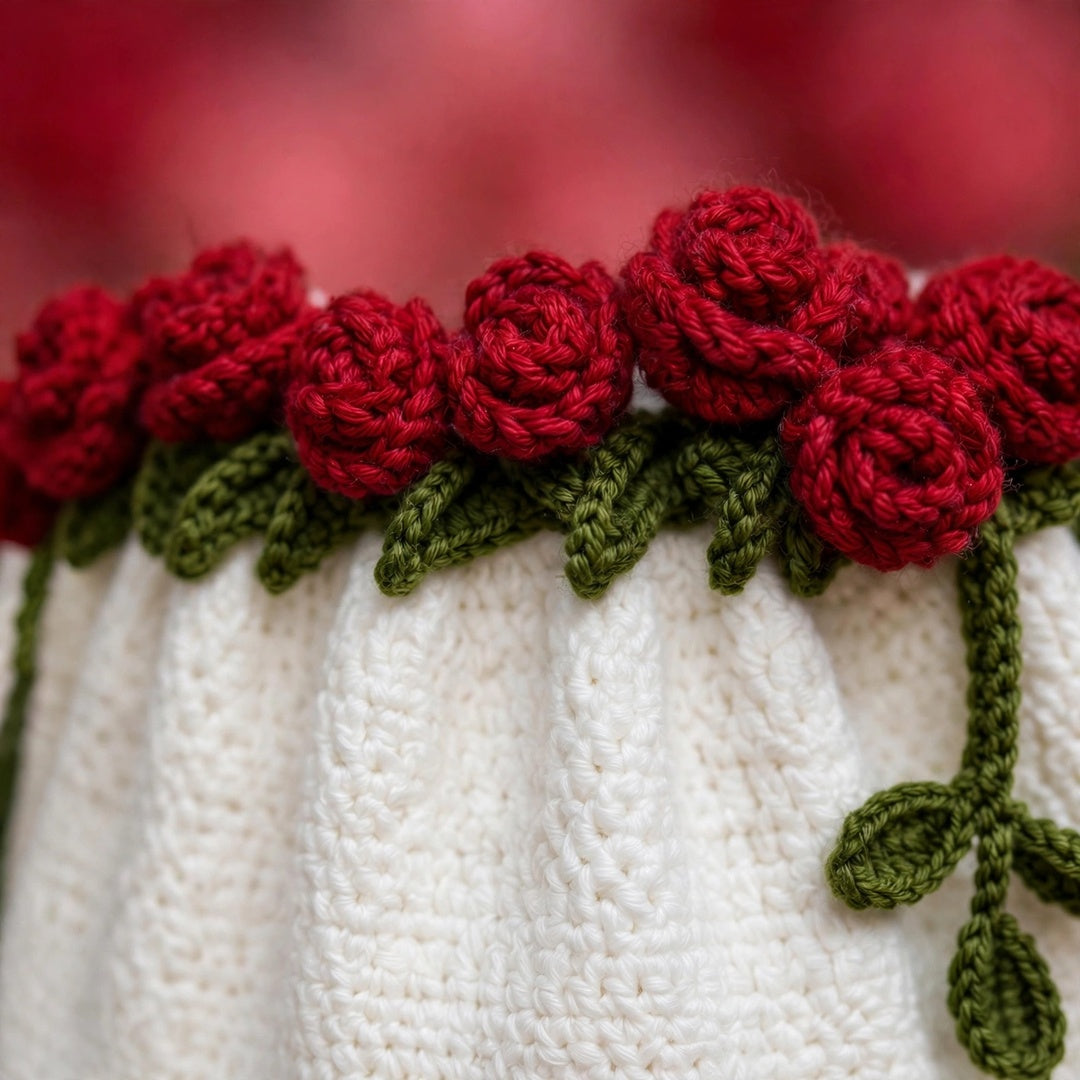 Handmade Crochet White Drawstring Bag with Rose Flowers, Green Leaves & Shoulder Straps