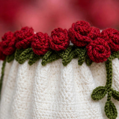Handmade Crochet White Drawstring Bag with Rose Flowers, Green Leaves & Shoulder Straps