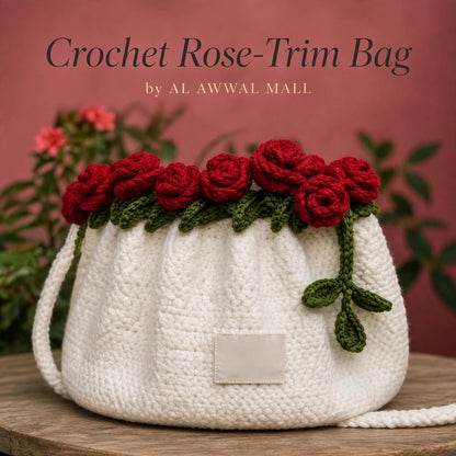 Handmade Crochet White Drawstring Bag with Rose Flowers, Green Leaves & Shoulder Straps