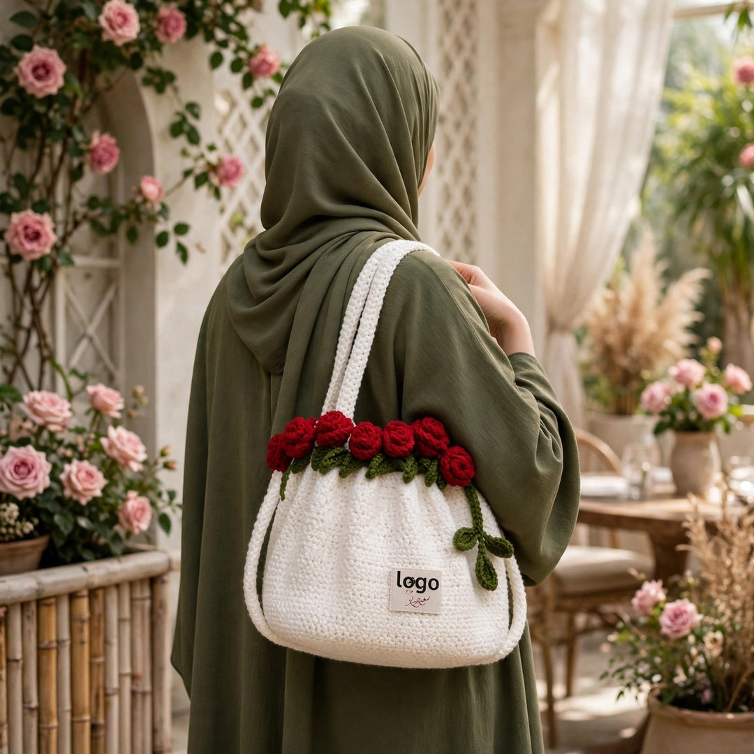 Handmade Crochet White Drawstring Bag with Rose Flowers, Green Leaves & Shoulder Straps