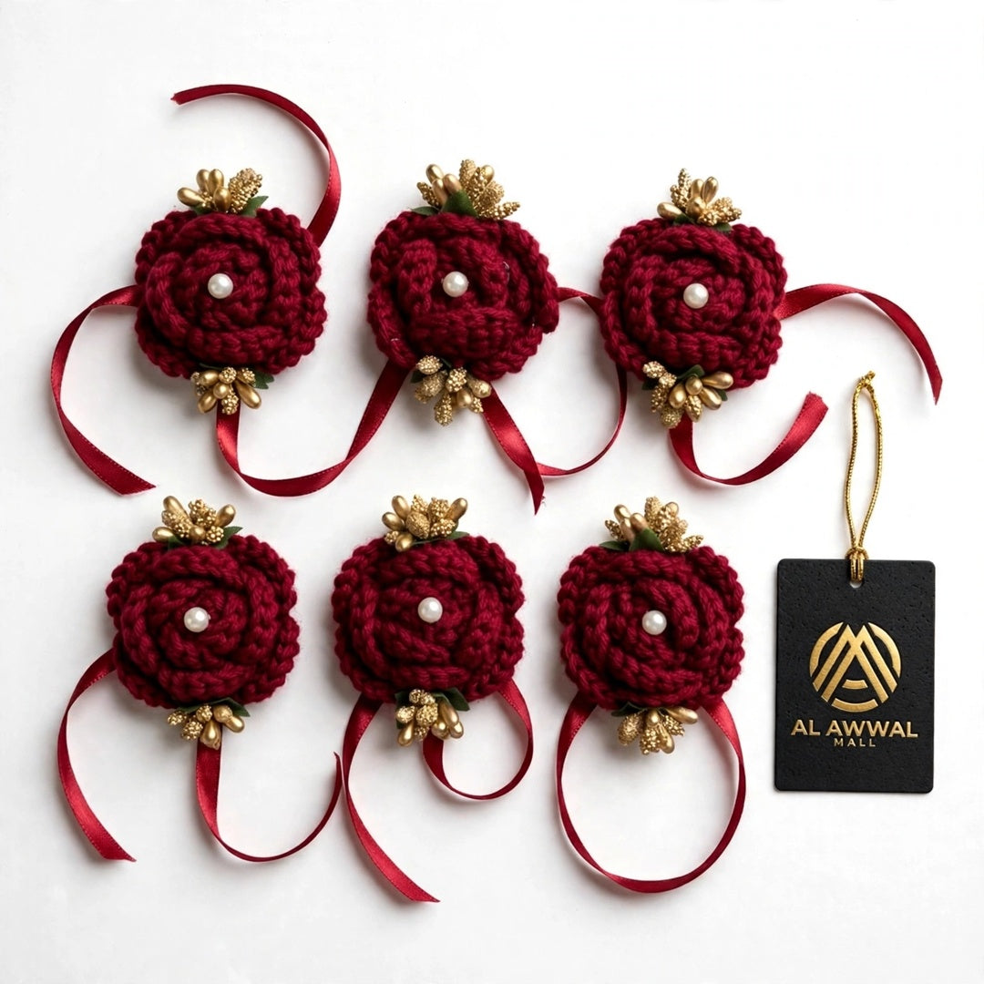Red Rose Hair Bun Accessory with White Pearl, Gold Accents & Satin Ribbons