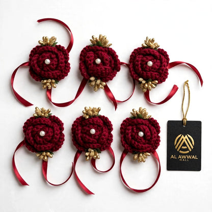 Red Rose Hair Bun Accessory with White Pearl, Gold Accents & Satin Ribbons