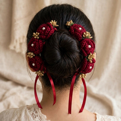 Red Rose Hair Bun Accessory with White Pearl, Gold Accents & Satin Ribbons