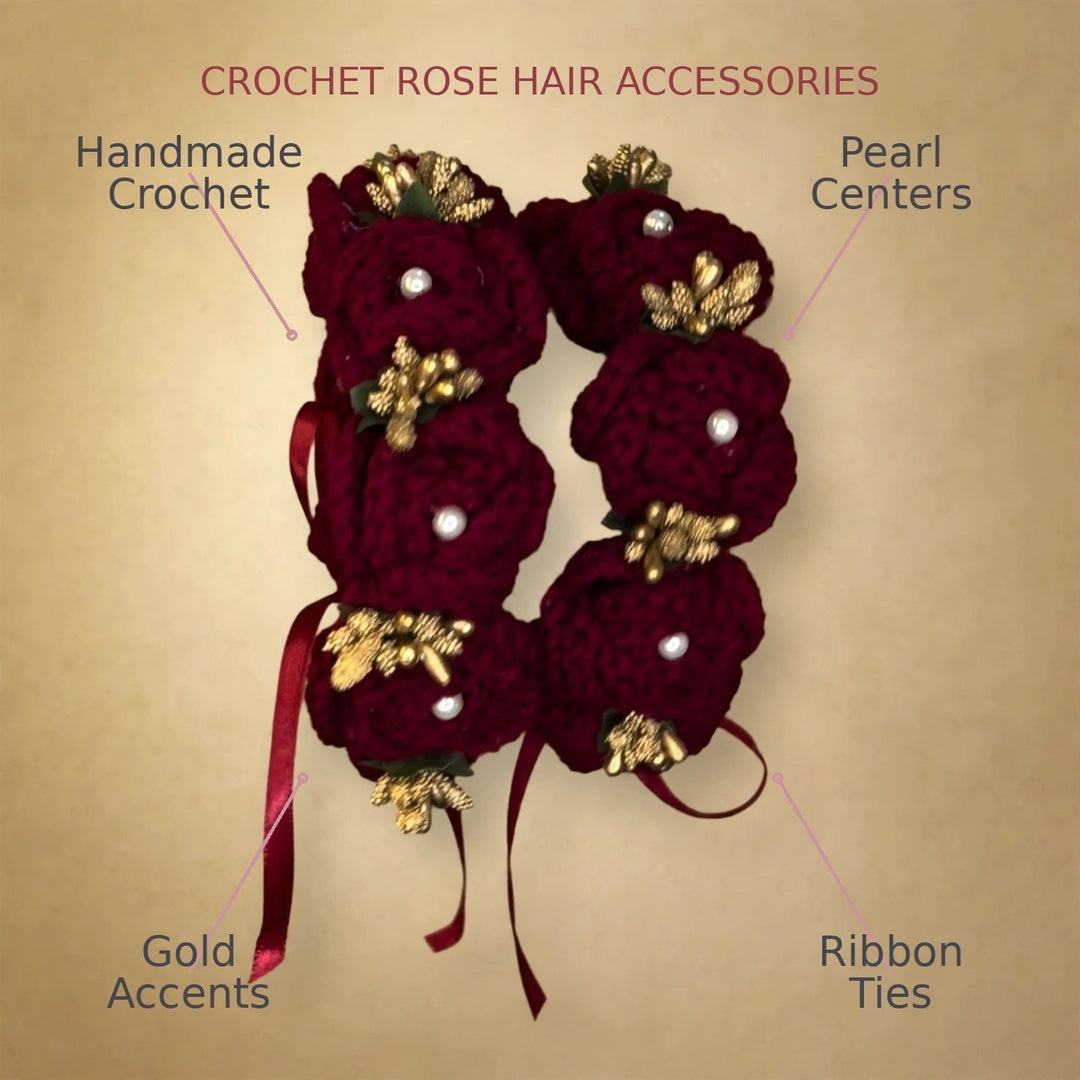 Red Rose Hair Bun Accessory with White Pearl, Gold Accents & Satin Ribbons