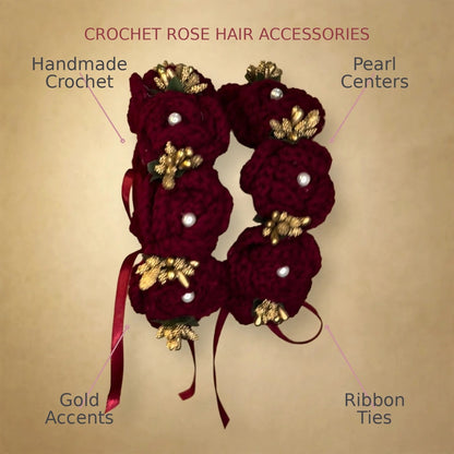 Red Rose Hair Bun Accessory with White Pearl, Gold Accents & Satin Ribbons