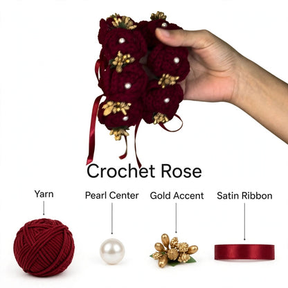 Red Rose Hair Bun Accessory with White Pearl, Gold Accents & Satin Ribbons