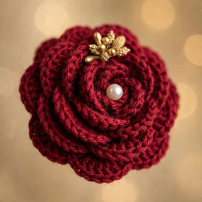 Red Rose Hair Bun Accessory with White Pearl, Gold Accents & Satin Ribbons