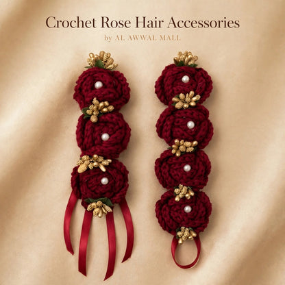 Red Rose Hair Bun Accessory with White Pearl, Gold Accents & Satin Ribbons