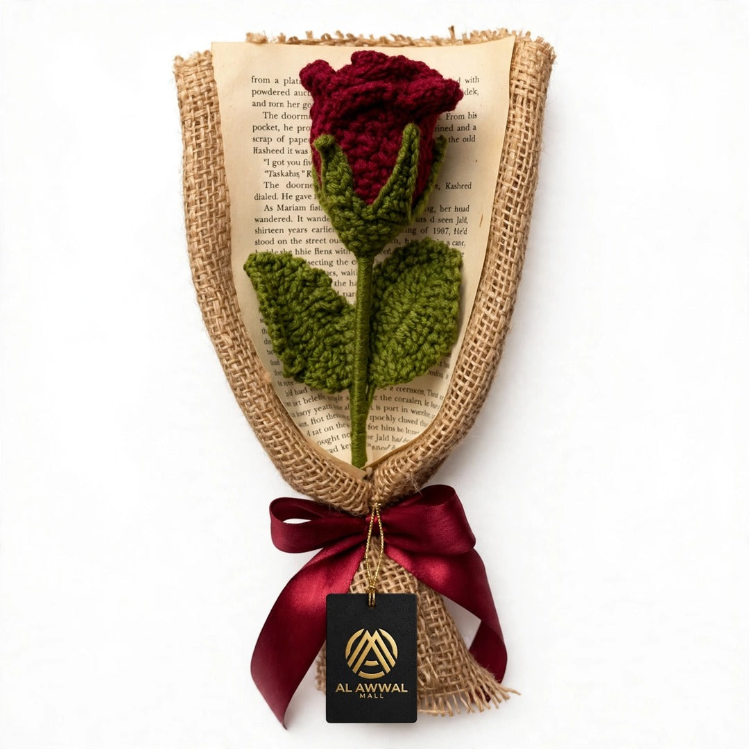 Handmade Crochet Red Rose Bud with Burlap Wrap, Book Page and Ribbon Bow