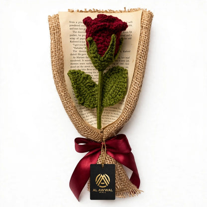 Handmade Crochet Red Rose Bud with Burlap Wrap, Book Page and Ribbon Bow