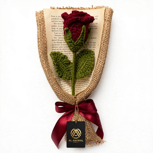 Handmade Crochet Red Rose Bud with Burlap Wrap, Book Page and Ribbon Bow