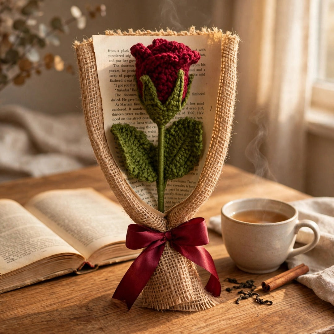 Handmade Crochet Red Rose Bud with Burlap Wrap, Book Page and Ribbon Bow