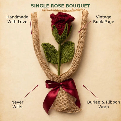 Handmade Crochet Red Rose Bud with Burlap Wrap, Book Page and Ribbon Bow