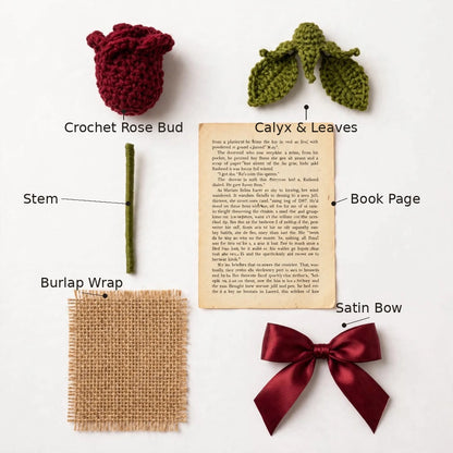 Handmade Crochet Red Rose Bud with Burlap Wrap, Book Page and Ribbon Bow