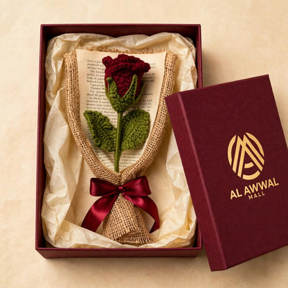 Handmade Crochet Red Rose Bud with Burlap Wrap, Book Page and Ribbon Bow