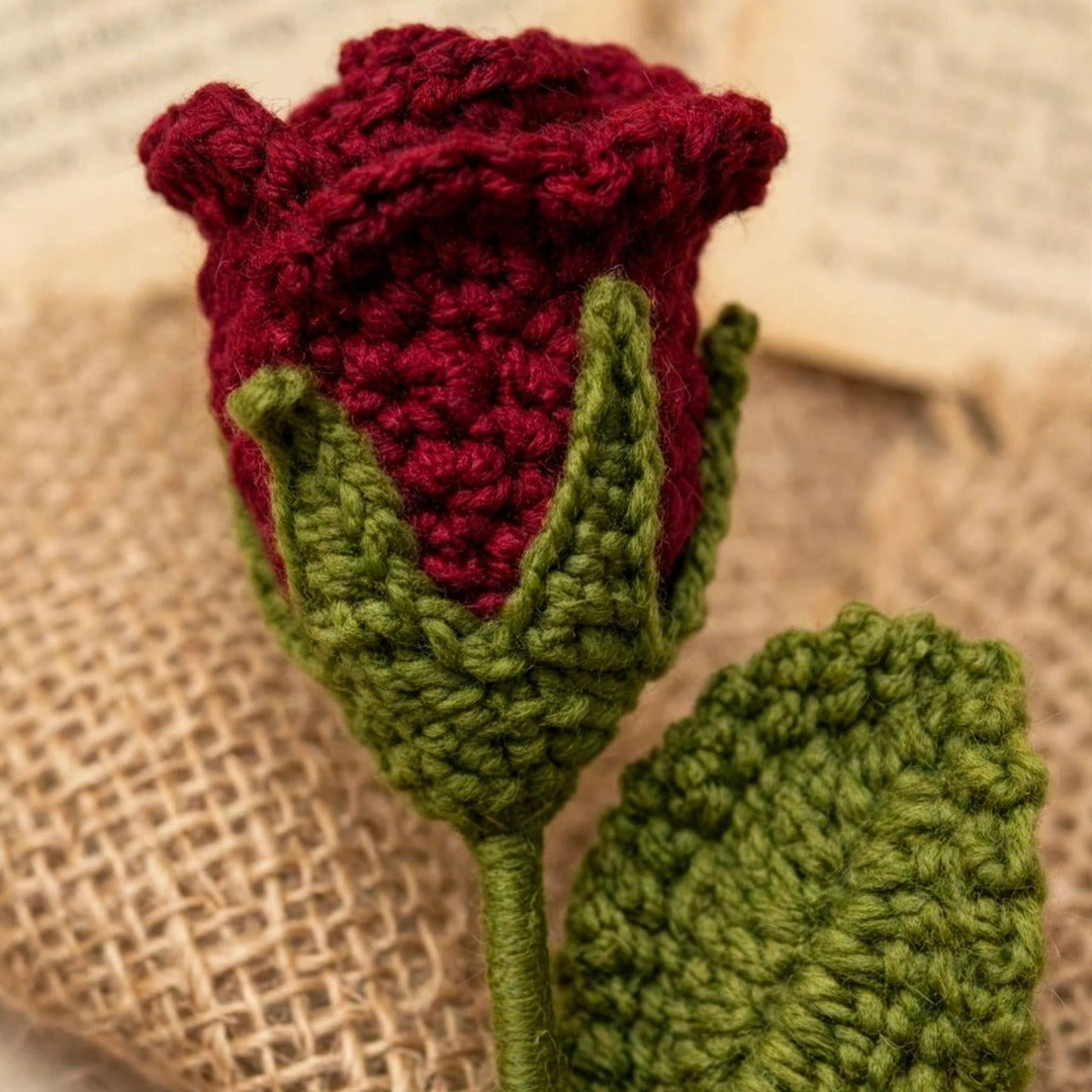 Handmade Crochet Red Rose Bud with Burlap Wrap, Book Page and Ribbon Bow