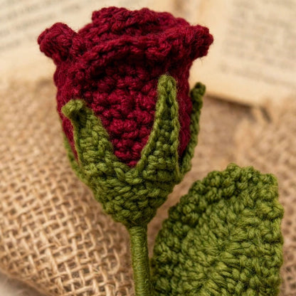 Handmade Crochet Red Rose Bud with Burlap Wrap, Book Page and Ribbon Bow