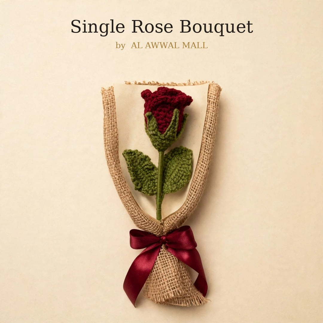 Handmade Crochet Red Rose Bud with Burlap Wrap, Book Page and Ribbon Bow