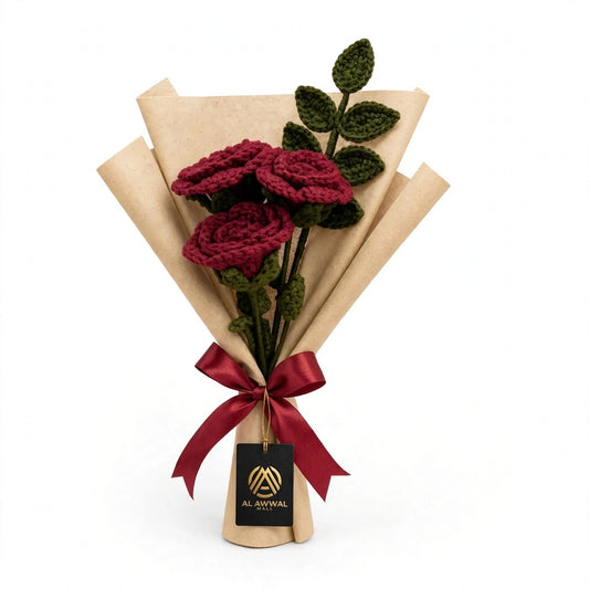 Handmade Crochet Three Rose Bouquet with Green Leaves and Ribbon Bow