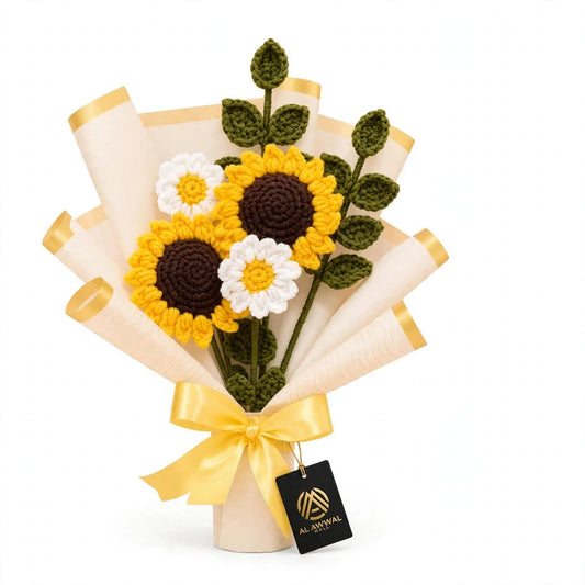 Handmade Crochet Sunflower and White Daisy Bouquet with Green Leaves