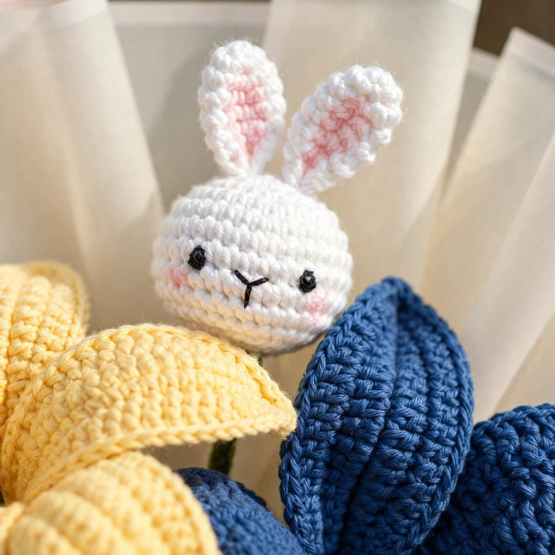 Handmade Mixed Flower Bouquet with Daisy, Tulip, Petal Flowers and Rabbit Teddy