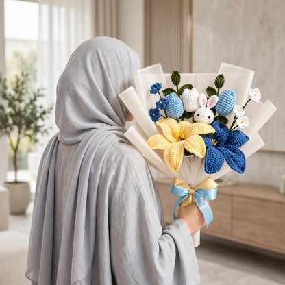 Handmade Mixed Flower Bouquet with Daisy, Tulip, Petal Flowers and Rabbit Teddy