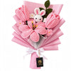 Baby Pink Handmade Flower Bouquet with Tulips, Green Leaves and Rabbit Teddy