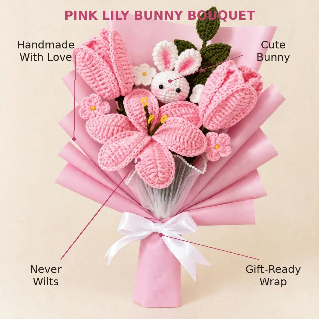 Baby Pink Handmade Flower Bouquet with Tulips, Green Leaves and Rabbit Teddy