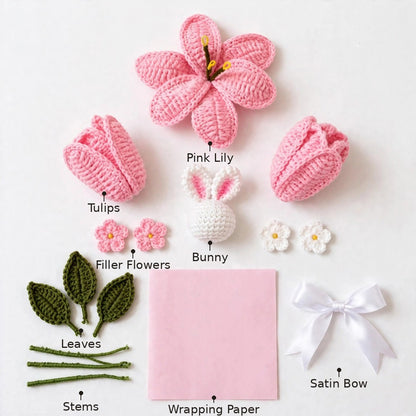 Baby Pink Handmade Flower Bouquet with Tulips, Green Leaves and Rabbit Teddy