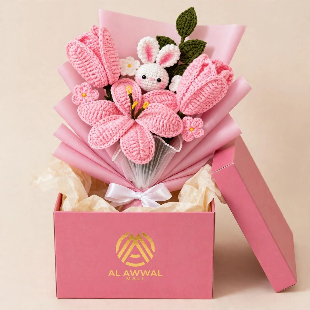 Baby Pink Handmade Flower Bouquet with Tulips, Green Leaves and Rabbit Teddy
