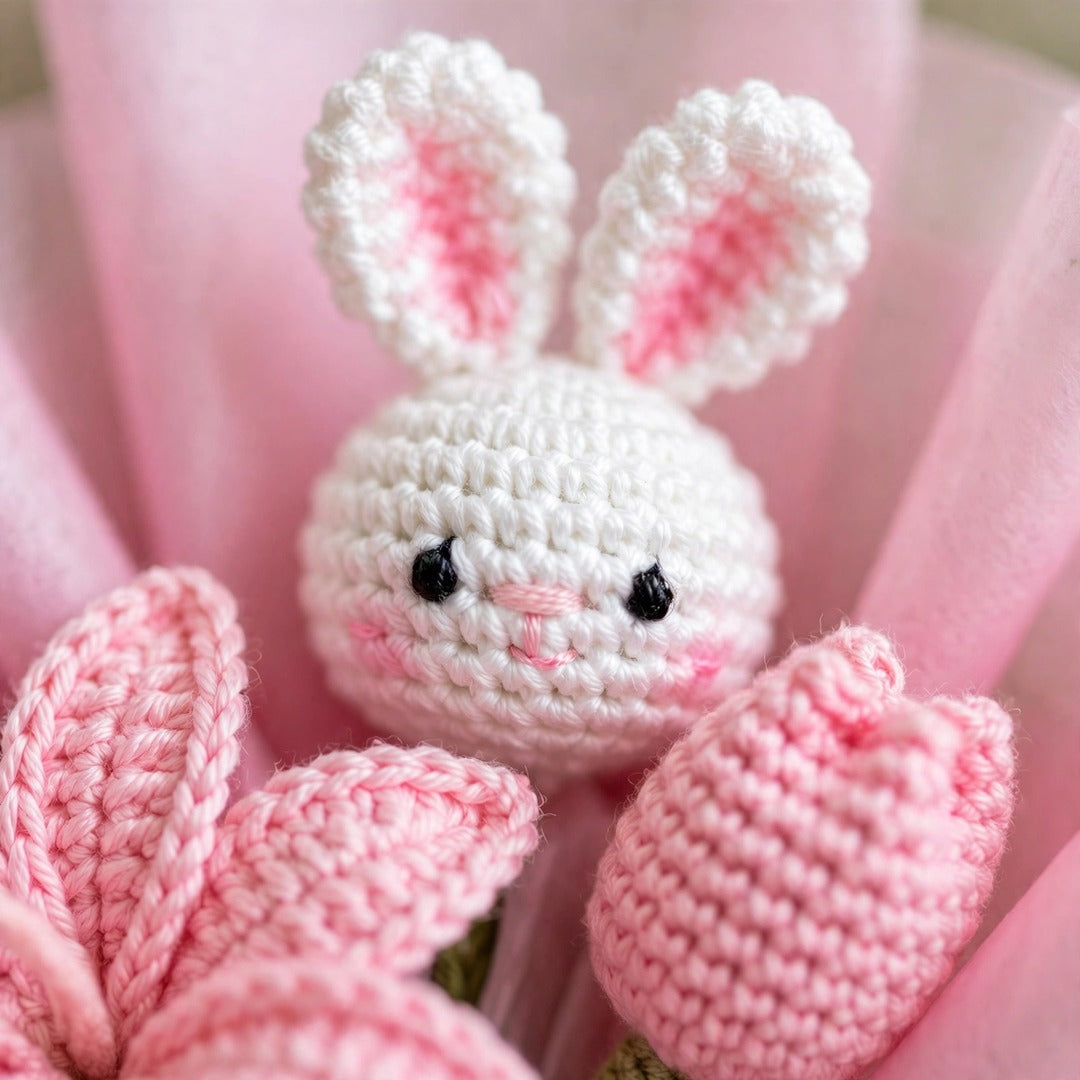 Baby Pink Handmade Flower Bouquet with Tulips, Green Leaves and Rabbit Teddy