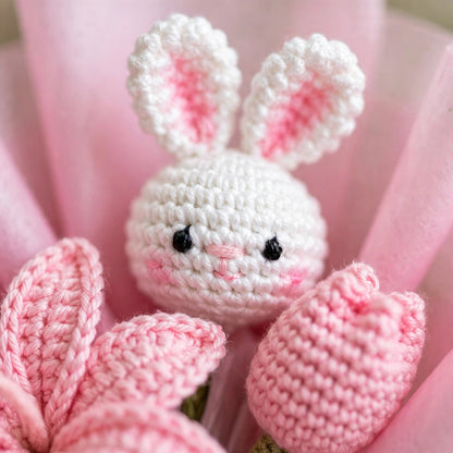 Baby Pink Handmade Flower Bouquet with Tulips, Green Leaves and Rabbit Teddy