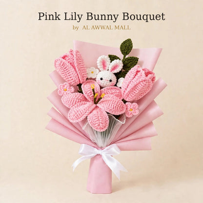 Baby Pink Handmade Flower Bouquet with Tulips, Green Leaves and Rabbit Teddy