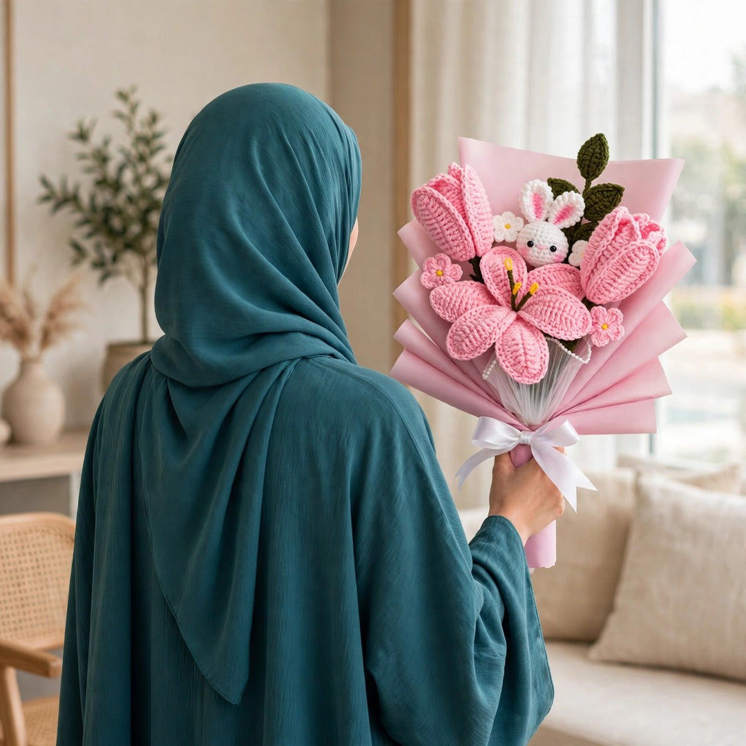 Baby Pink Handmade Flower Bouquet with Tulips, Green Leaves and Rabbit Teddy