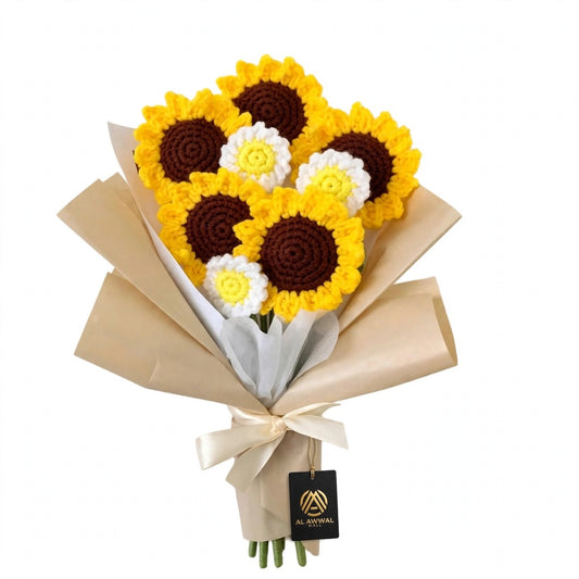 Handmade Sunflower Bouquet with Daisy Flowers, Green Leaves and Gift Wrapping