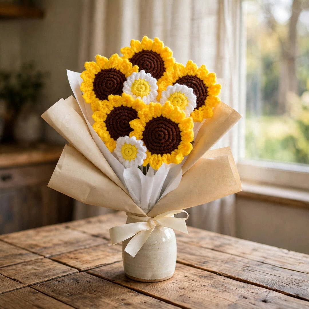 Handmade Sunflower Bouquet with Daisy Flowers, Green Leaves and Gift Wrapping