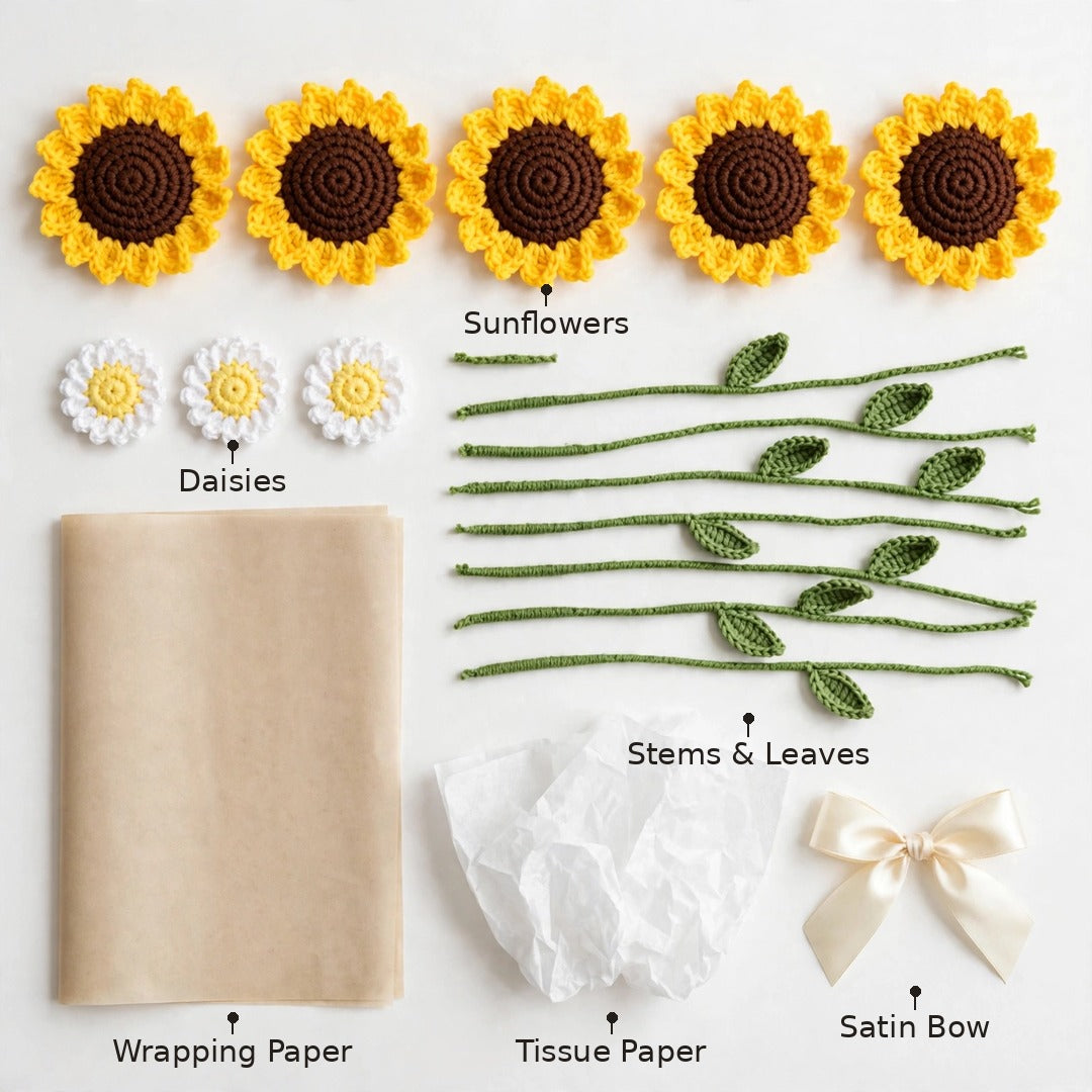 Handmade Sunflower Bouquet with Daisy Flowers, Green Leaves and Gift Wrapping
