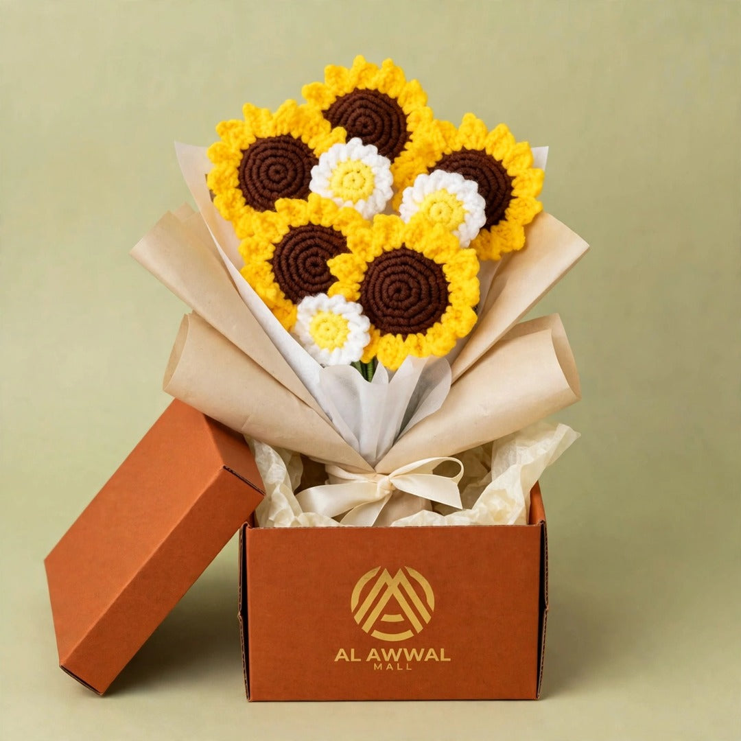 Handmade Sunflower Bouquet with Daisy Flowers, Green Leaves and Gift Wrapping