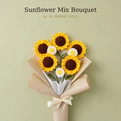 Handmade Sunflower Bouquet with Daisy Flowers, Green Leaves and Gift Wrapping