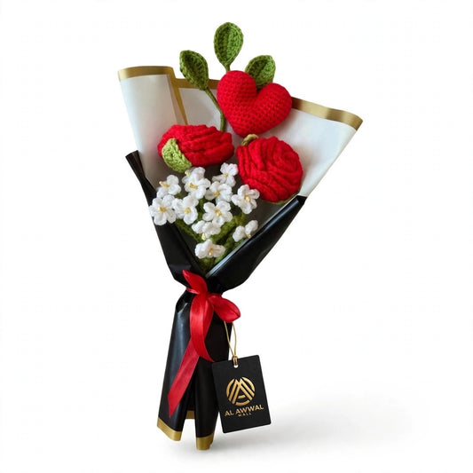 Strawberry Bouquet with White Daisy Flowers, Green Leaves and Black Gold Wrapping